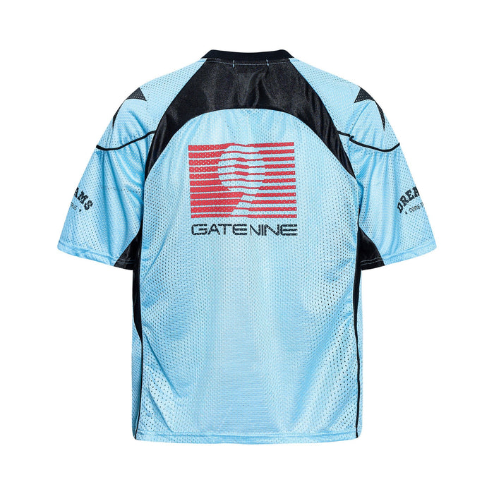 Light blue mesh sports jersey with black panels and red Gate Nine graphic on the back, streetwear style