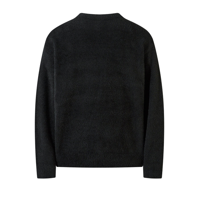 Black fuzzy knit crewneck sweater shown from the back