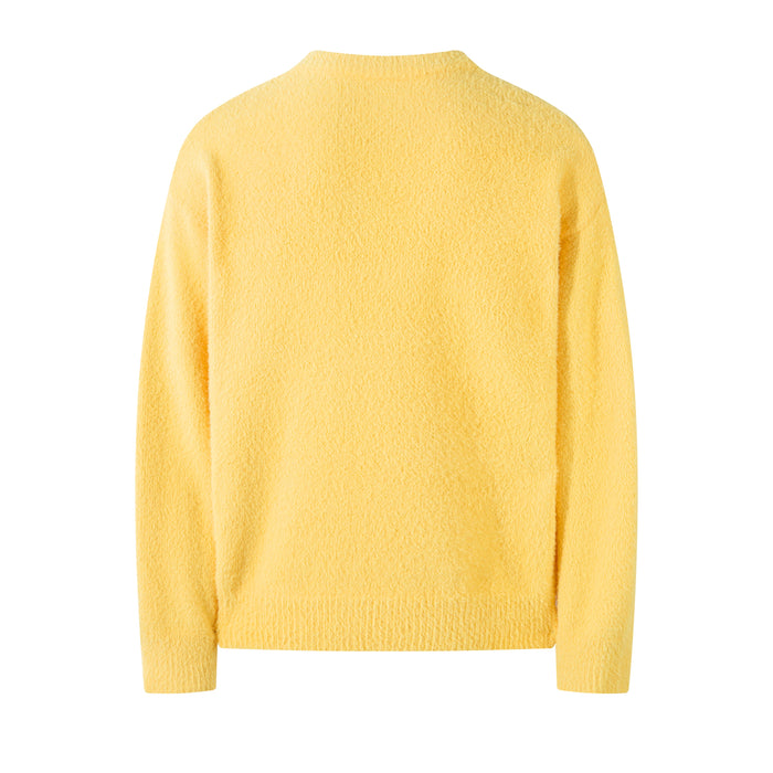 Yellow fuzzy knit crewneck sweater shown from the back