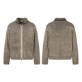 Men's black and tan vertical striped ribbed full-zip jacket shown from front and back on white background