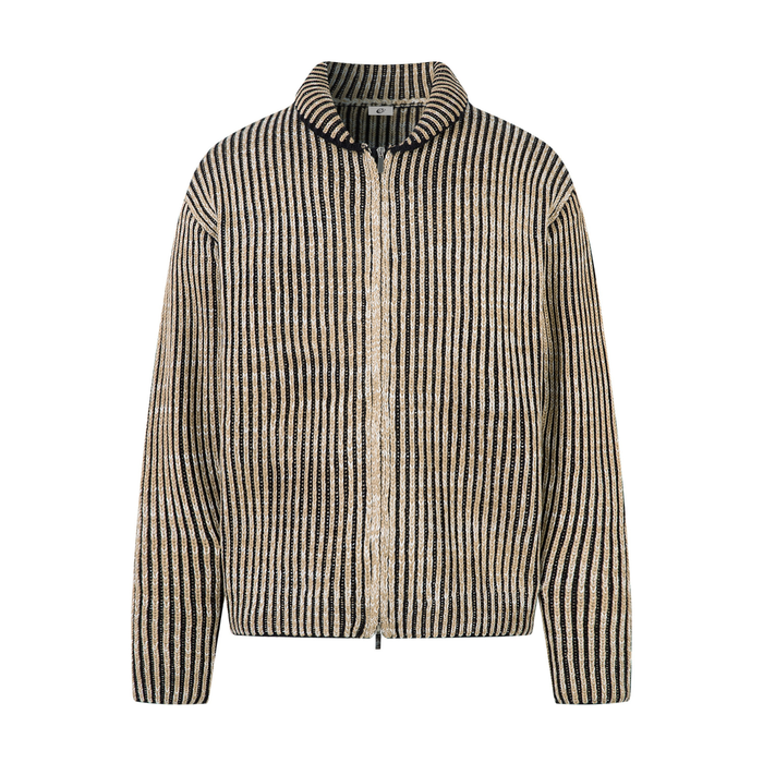Men's striped ribbed texture full-zip jacket in beige, black, and white, front view