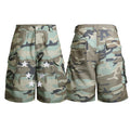 Front and back view of woodland camouflage cargo shorts with embroidered white stars and oversized flap pockets