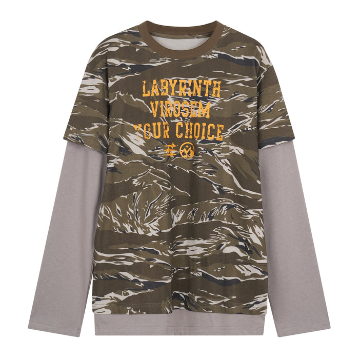 Front view of a tiger-stripe camo layered long sleeve tee with distressed amber graphic print on a white background