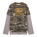 Front view of a tiger-stripe camo layered long sleeve tee with distressed amber graphic print on a white background