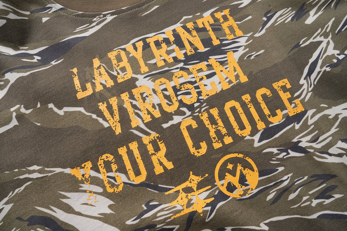 Back graphic on olive camo long sleeve tee with orange LABYRINTH VIROSM YOUR CHOICE print