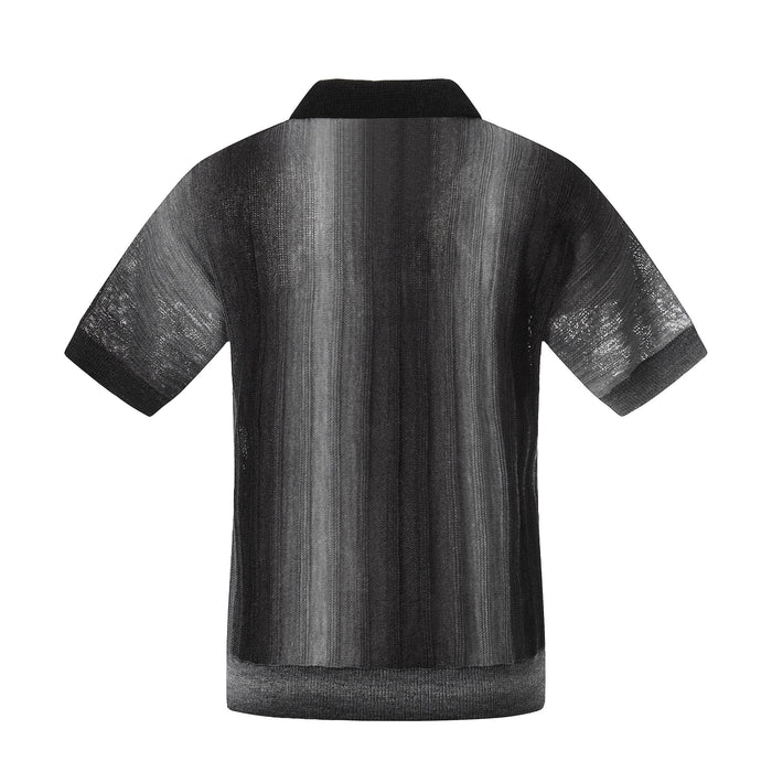 Black open-knit polo shirt with gradient vertical stripes and relaxed short sleeves, shown from the back