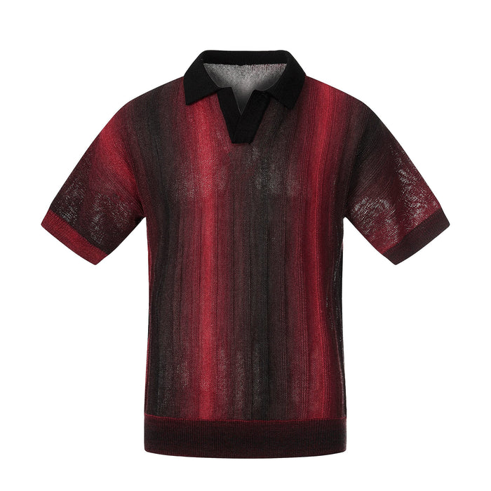 Men's red and black gradient open-knit polo shirt with relaxed fit and short sleeves on a white background