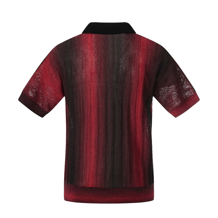 Men's red and black gradient stripe open-knit polo shirt with short sleeves and relaxed fit, shown from the back