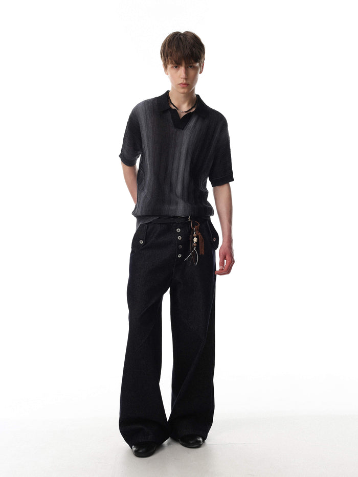 Black open-knit gradient stripe polo shirt styled with wide-leg black pants on a male model