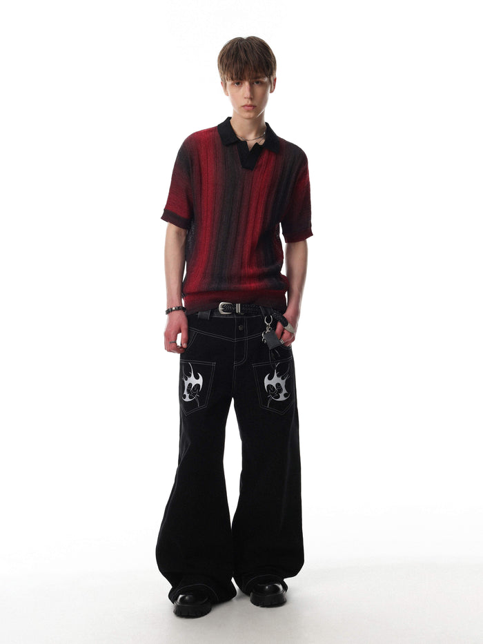 Men’s red and black open-knit polo shirt with relaxed fit and short sleeves on a model