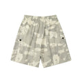 Men's grey and off-white camo cargo shorts with button flap side pockets and elastic waistband, laid flat on white background