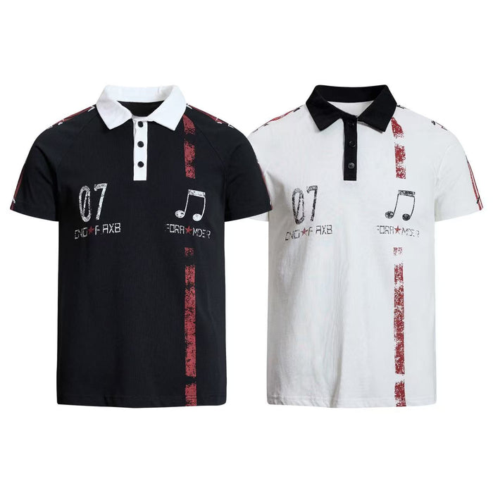 Black men's polo shirt with white contrast collar, distressed red vertical stripe, number 07 print and music note graphic on