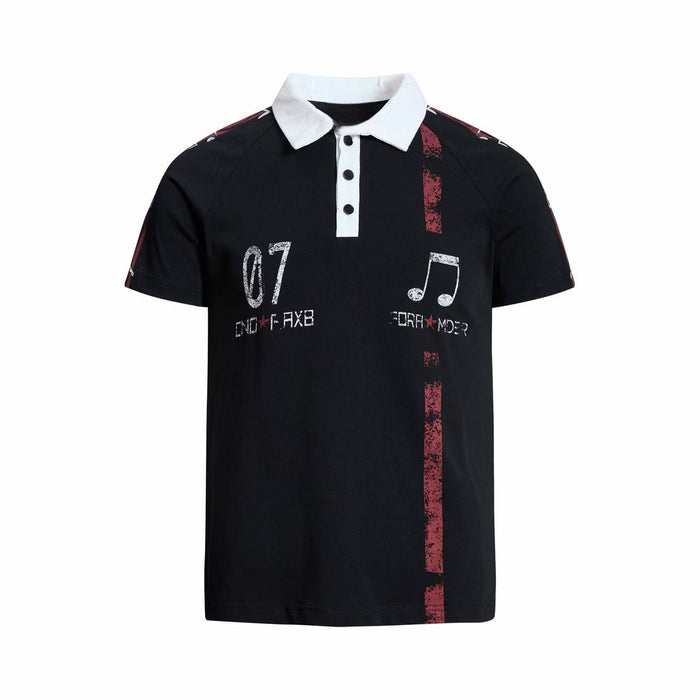 Men's black polo shirt with white collar and music graphic print, featuring vintage streetwear style accents and red detailing