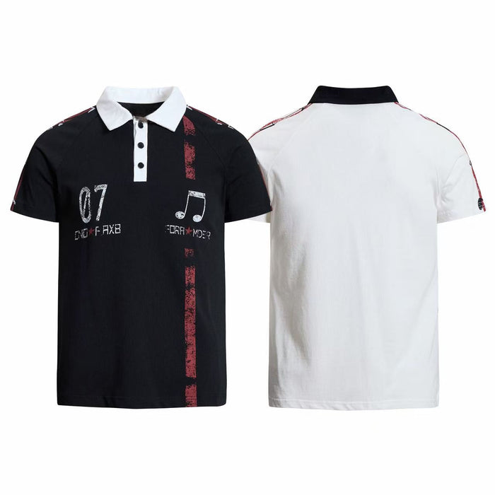 Men's black and white graphic polo shirt with music note print and vintage streetwear accents, front and back view