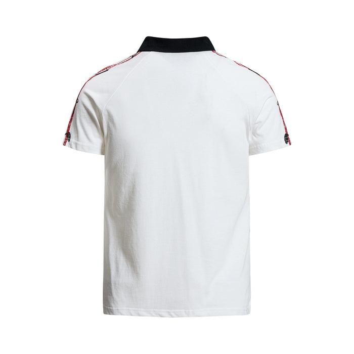 White men’s polo shirt with black collar and red graphic trim on the sleeves, shown from the back on a plain background