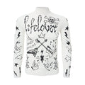 White fitted long sleeve mock turtleneck top with all-over black hand-drawn rock graphics including skulls, guitars, and star
