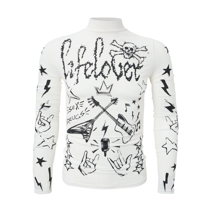 White fitted long sleeve mock turtleneck top with all-over black hand-drawn rock graphics including skulls, guitars, and star