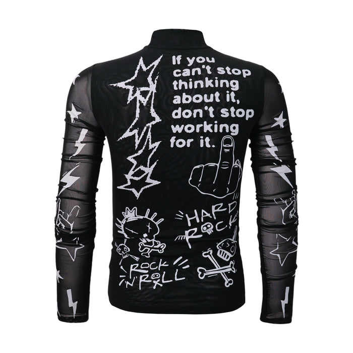 Black turtleneck top with white rock graphics and text, back view