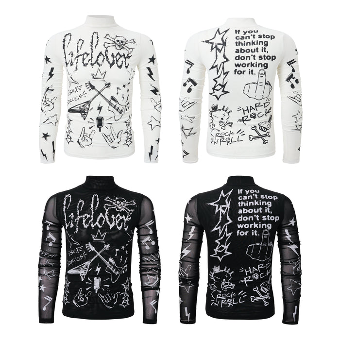 White and black rock graphic turtleneck tops shown front and back
