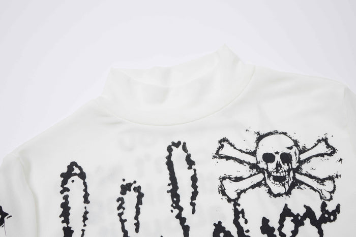 Close-up of white top neckline with skull and distressed black print