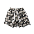 Men's relaxed fit urban gray camouflage cotton shorts with white drawstring and elastic waistband laid flat on white background
