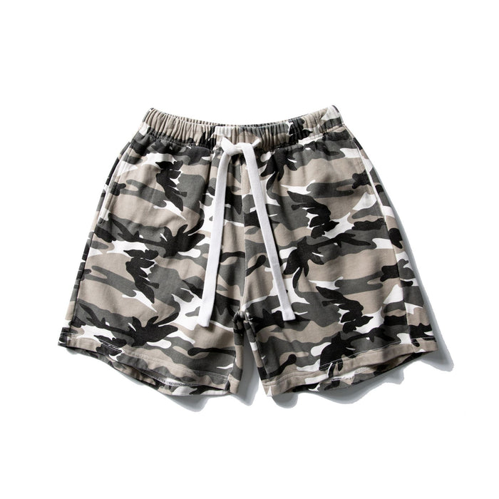Men's relaxed fit urban gray camouflage cotton shorts with white drawstring and elastic waistband laid flat on white background