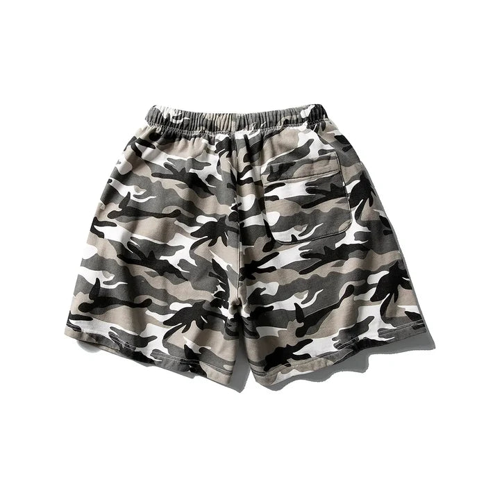 Men's Urban Camo Cotton Drawstring Shorts in gray camouflage, featuring a relaxed fit and elastic waistband, ideal for streetwear style. Displayed on a white background.