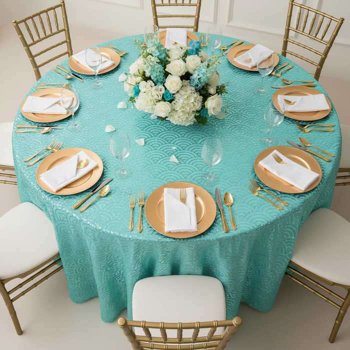 Mermaid Scale Sequin 120" Round Tablecloth - Turquoise with gold charger plate | white napkin | gold chiavari chair