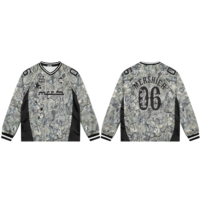 Front and back view of Mershier Camo Performance Mesh Jersey with abstract grey camo print, black side panels, and varsity nu