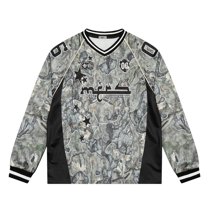 Front view of camo long-sleeve mesh jersey with black V-neck trim and chest graphics