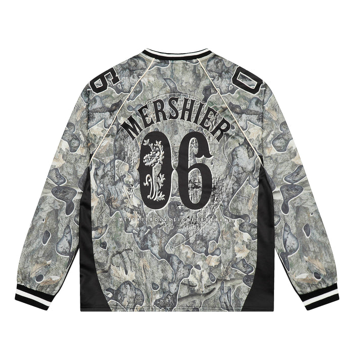 Back view of camo long-sleeve mesh jersey with large Mershier 06 print