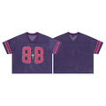Purple mesh cropped football jersey with pink number 88 graphic and double stripe sleeves, front and back view