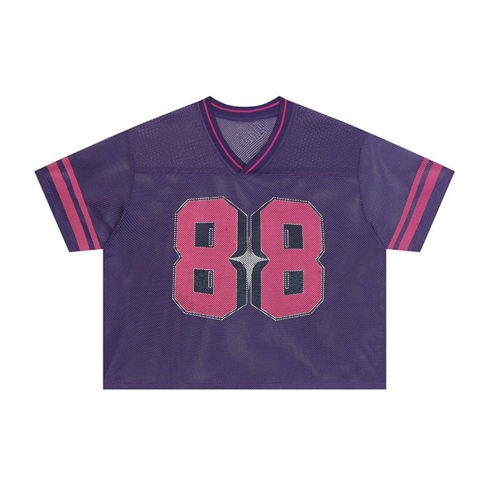 Purple mesh varsity football jersey with pink number 88 and striped sleeves on a white background
