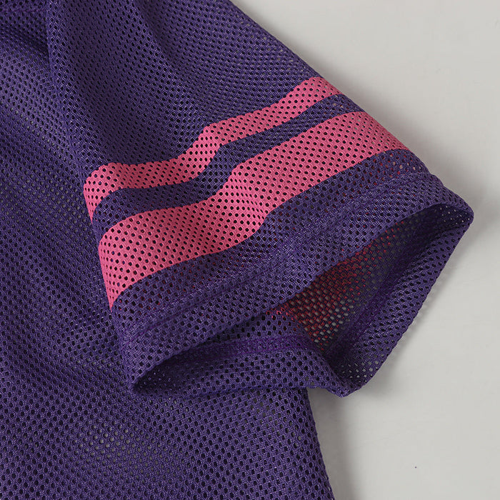 Purple mesh varsity football jersey sleeve with pink and navy stripe detail on lightweight streetwear top