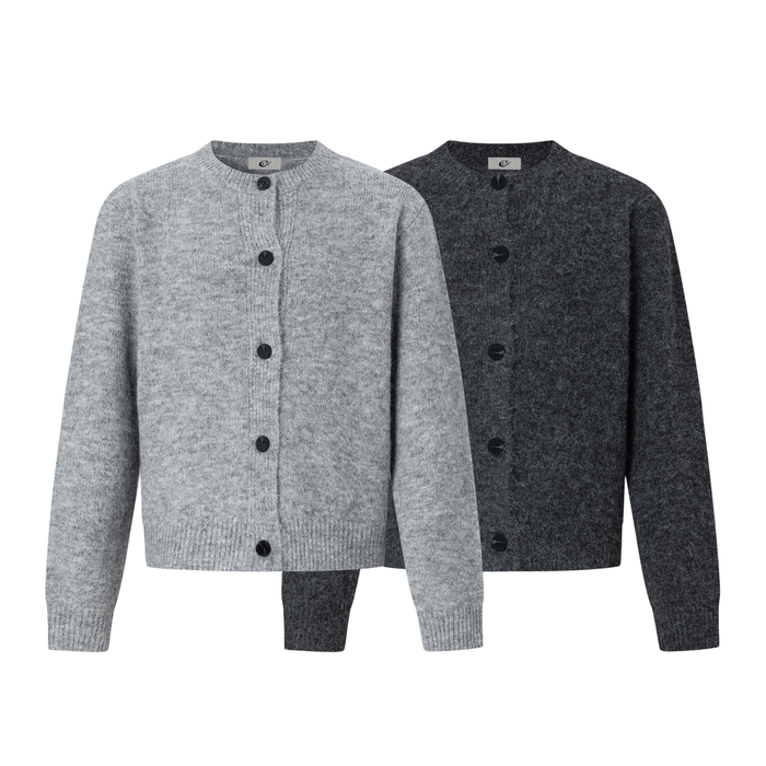 Light grey and charcoal wool blend knit cardigans with crew neck and dark oversized buttons, displayed flat on white backgrou