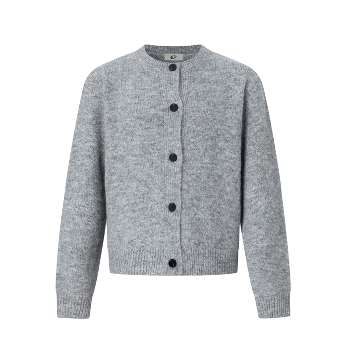 Light gray crew neck cardigan with black buttons, front view