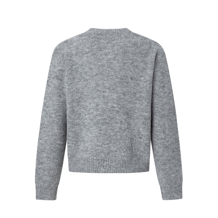 Light gray wool blend cardigan back view with ribbed hem