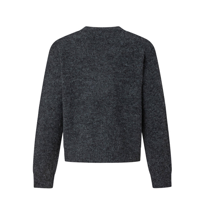 Dark charcoal cardigan back view with long sleeves and ribbed hem