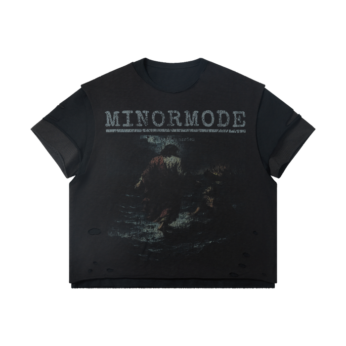 Minormode washed black distressed oversized graphic tee with layered sleeves and faded cinematic front print
