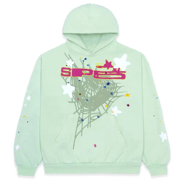 The Sp5der “Mint Star Web” Hoodie in mint green is a 440GSM heavyweight oversized streetwear pullover featuring a central web design, white and yellow stars, multicolored dots, and bold SPEL text for a stylish, Y2K-inspired look.
