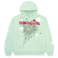 The Sp5der “Mint Star Web” Hoodie in mint green is a 440GSM heavyweight oversized streetwear pullover featuring a central web design, white and yellow stars, multicolored dots, and bold SPEL text for a stylish, Y2K-inspired look.
