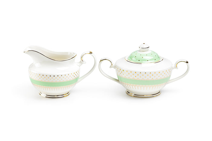Mint Green Stripe with Gold Dots Fine Porcelain Sugar & Creamer Set