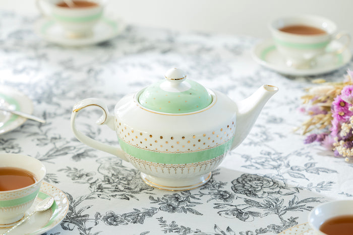 Mint Green Stripe with Gold Dots Fine Porcelain Tea Set