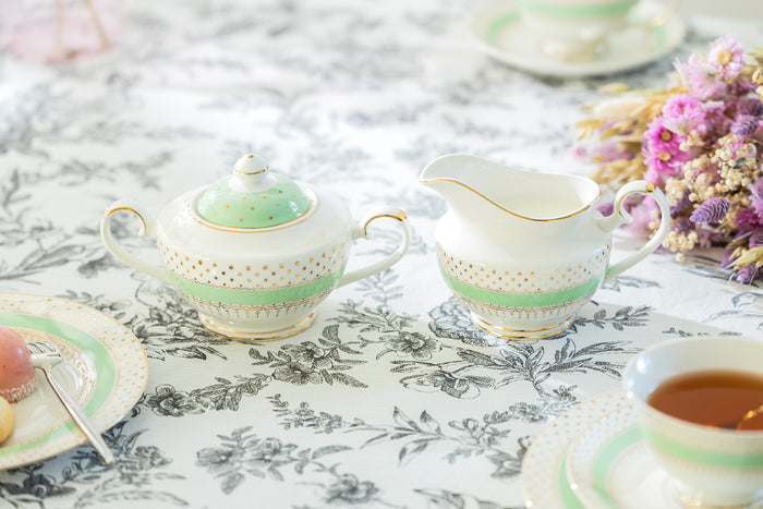 Mint Green Stripe with Gold Dots Fine Porcelain Tea Set
