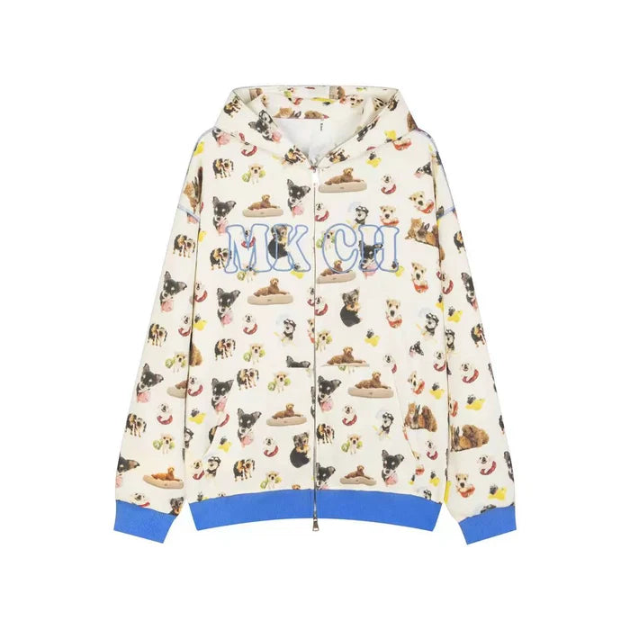 The Seakoff MKCH Dog Print Hoodie is a stylish white zip-up featuring a cute puppy pattern, blue cuffs, and hem. With "MK CH" across the chest, it's ideal for fashion lovers who adore dog-themed apparel.