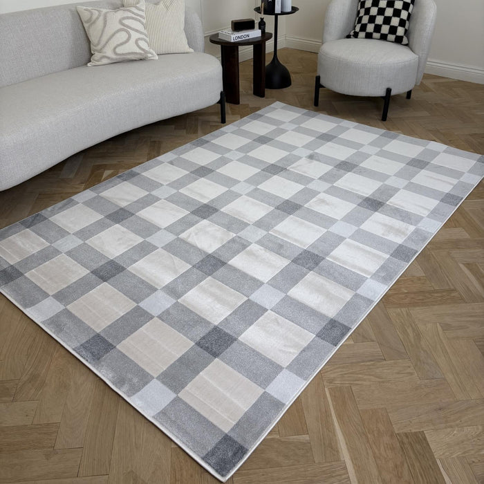 Checkered area rug on a wooden floor with a sofa and chair in the background.