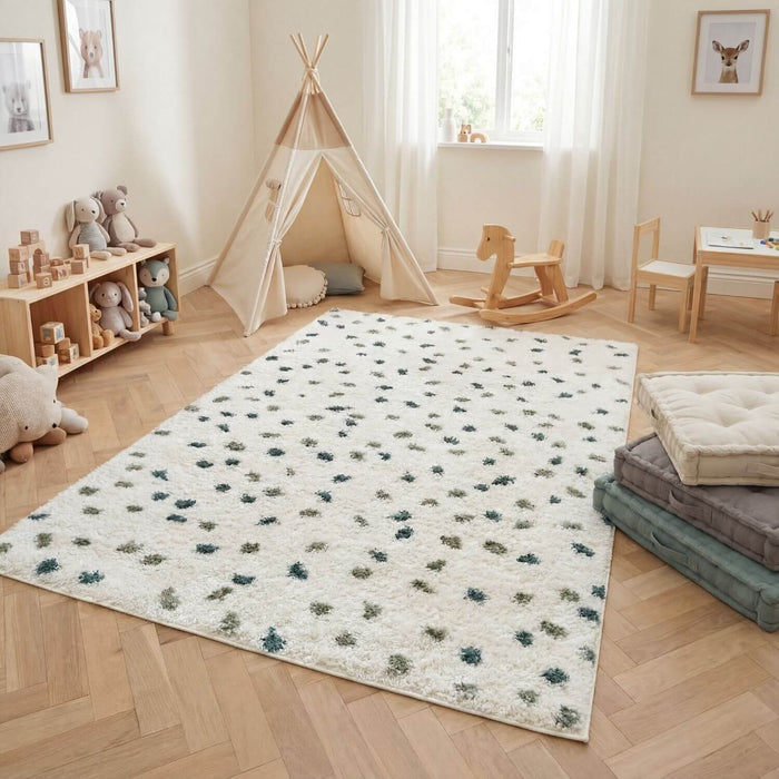Moodi Shaggy Green Rug, Dots design, Underfloor heating | THE RUGS