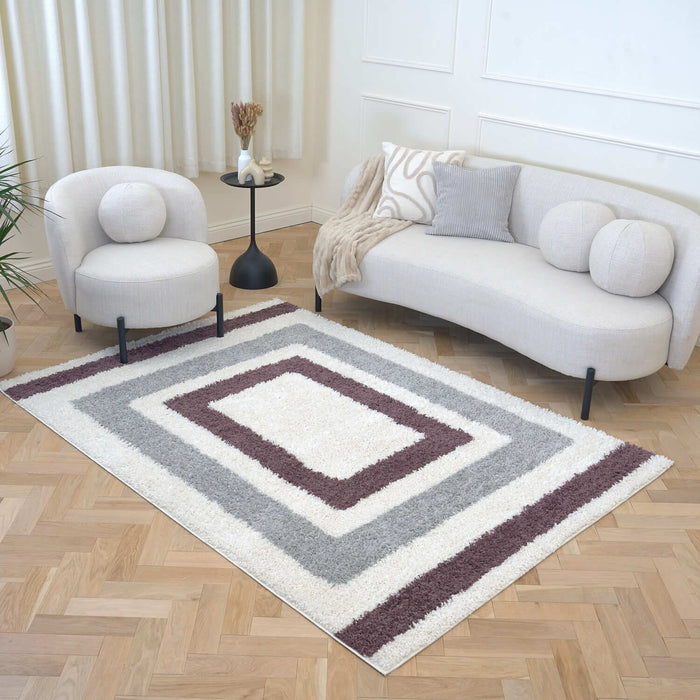 Moodi Shaggy Grey/Purple Rug, classic bordered design, fluffy pile | THE RUGS
