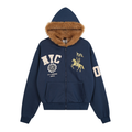Navy blue zip hoodie with faux fur-lined hood, NYC embroidery, skeleton horseman graphic, and varsity number patch