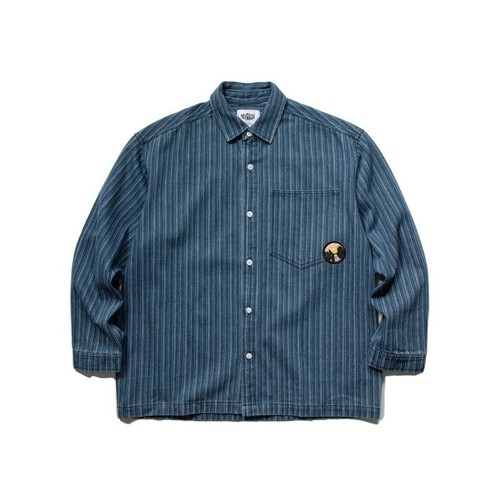 Neviraler Retro Amekaji Long - Sleeved Shirt Casual Loose Vertical Stripes Denim Shirt Men's Nra30 - Seakoff